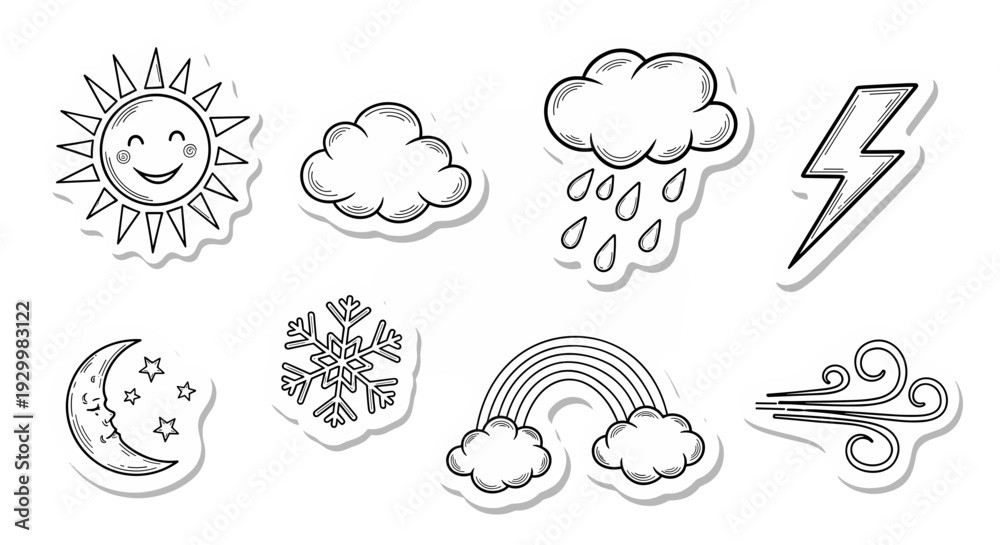 Fototapeta premium Collection of weather icons including sun cloud rain snow and lightning
