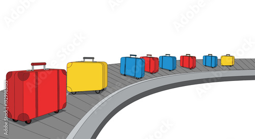 Red yellow and blue suitcases travel along a curved gray airport luggage carousel with a slatted surface on a plain white background in an illustration.