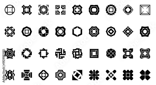 Collection of black and white geometric icons and symbols
