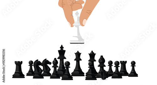 A large human hand lifting a white king chess piece above a group of black chess pieces arranged in a horizontal line.
