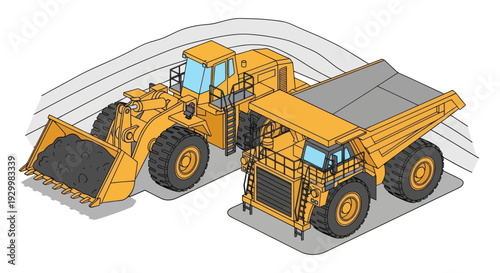 Heavy duty mining loader and dump truck illustration.