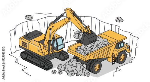 Heavy machinery at work in a quarry, excavator loading dump truck.