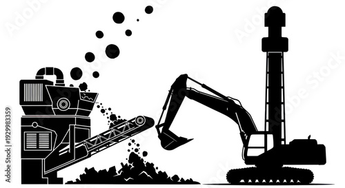 Heavy machinery at work, including an excavator and a crushing plant, processing materials on a construction site.
