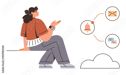 Communication, notifications, digital technology, time management, smart devices, cloud computing. Woman wearing smartwatch with icons of notifications and messages. Communication and notifications