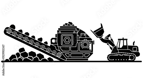 Heavy machinery in a quarry processing raw materials.