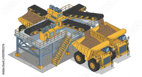 Heavy duty mining trucks being loaded with ore.