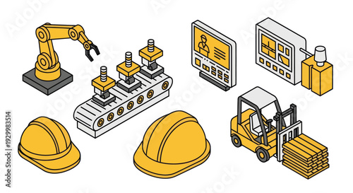 Industrial automation and manufacturing equipment set with safety helmets.