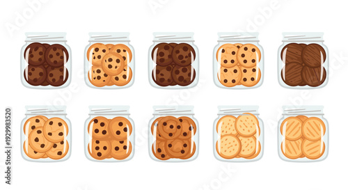 Ten glass jars filled with various types of cookies arranged in two horizontal rows of five against a white background.