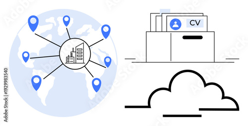 Global recruitment concept. Global connectivity drives recruitment with CV management and secure cloud storage. Recruitment streamlining global talent search, HR, remote hiring, digital solutions