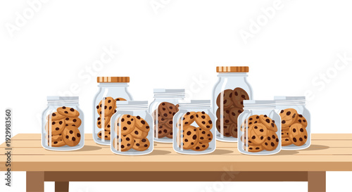 Seven glass jars of different sizes filled with chocolate chip cookies sitting on a light brown wooden table against white.