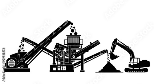 Industrial crushing and screening plant with excavators.
