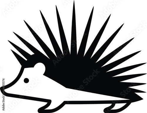 Minimalist hedgehog silhouette illustration with long sharp spines and quills, black and white wildlife vector icon for nature and forest design projects.