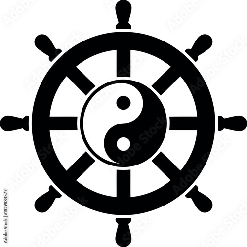 A black and white image of a ship's wheel with a yin yang symbol in the center.