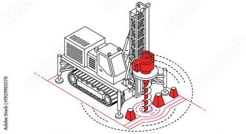 Industrial drilling rig with auger and safety cones.