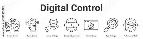Digital Control web banner icon set vector illustration concept for business with icon of System Control, Touch Control, Manual Settings, Control Adjustments, Panel Settings, Tool Settin.