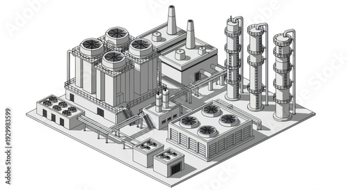 Industrial Factory Complex with Cooling Towers and Chimneys.