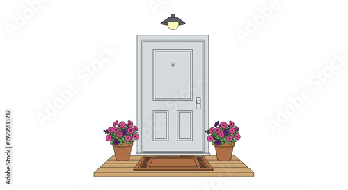 Frontal view illustration of a grey house door with a porch light above and two flower pots on a wooden deck.
