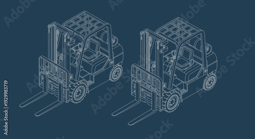 Isometric blueprint style illustration of two forklifts on a dark blue background.