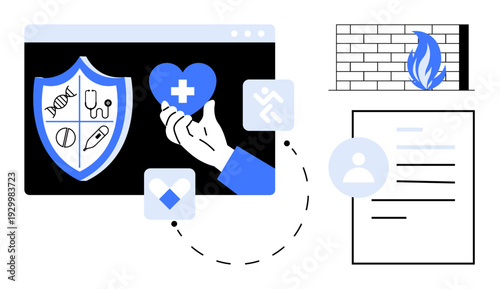 Healthcare security, medical data encryption, insurance safety, access to medical records, online health tools, secure platforms. Medical icons including shield, heart, and firewall elements