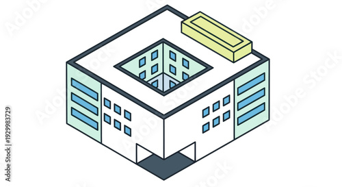 Isometric Building with Courtyard and Rooftop Structure Illustration.