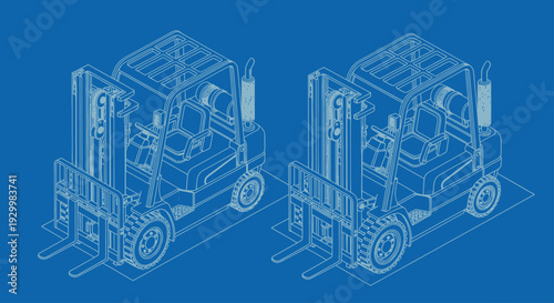 Isometric Blueprint of Forklift Trucks for Industrial Logistics and Warehouse Operations.
