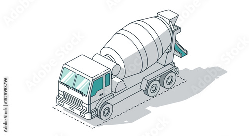 Isometric Concrete Mixer Truck Illustration on White Background.