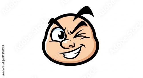 Winking cartoon face with mischievous expression and black outline on white background