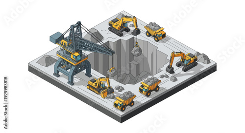Isometric Construction Site with Heavy Machinery and Deep Excavation Pit.
