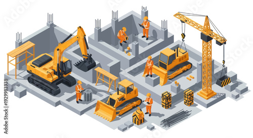 Isometric construction site with heavy machinery and workers.