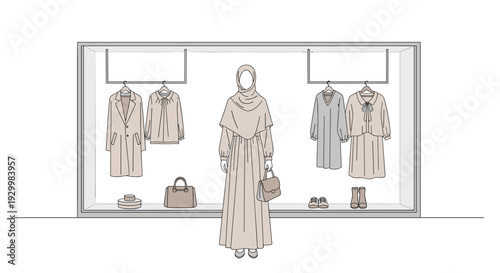 Illustration of a boutique window display with a mannequin in a beige hijab and dress surrounded by clothing items.