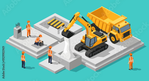 Isometric Construction Site with Workers and Heavy Machinery.