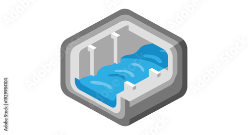 Isometric Icon of a Water-Filled Hexagonal Container.