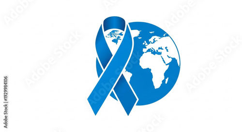 Blue awareness ribbon wrapped around a globe symbolizing global support and solidarity