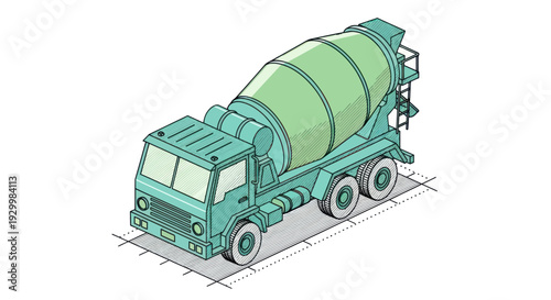Isometric Green Cement Mixer Truck on Construction Site.