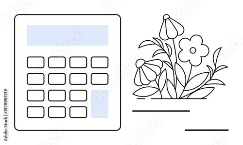 Productivity, environment, eco-friendly balance, sustainable technology, financial planning, growth. Calculator alongside stylized blooming flowers. Productivity and eco-friendly balance concept
