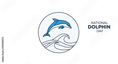 National dolphin day logo with jumping dolphin and ocean waves in blue and white