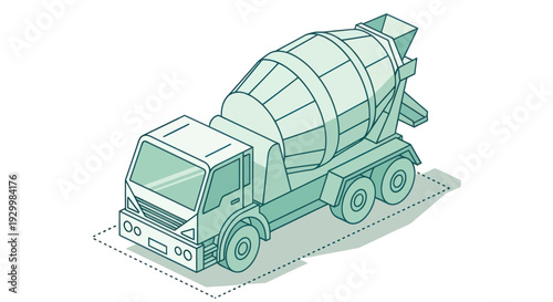 Isometric illustration of a concrete mixer truck on a construction site.