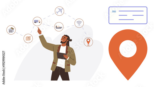 Smart logistics, supply chain, navigation apps, wireless communication, delivery tracking, online services. A man engaging with connectivity icons. Smart logistics and supply chain systems concept