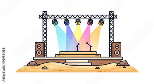 Outdoor concert stage with colorful spotlights and speakers on sandy terrain for music festival or event