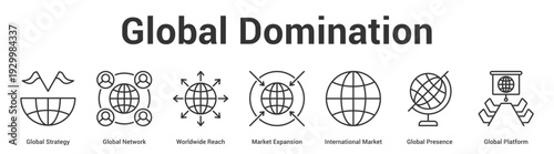 Global Domination web banner icon set vector illustration concept for business with icon of Global Strategy, Global Network, Worldwide Reach, Market Expansion, International Market, Global Presen.