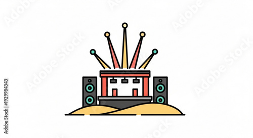 Colorful cartoon stage with speakers and microphones on a sandy hill concert setup with vibrant lights