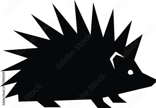 Minimalist hedgehog silhouette with sharp quills and spikes, black and white wild animal vector icon for nature, forest, and wildlife design projects.