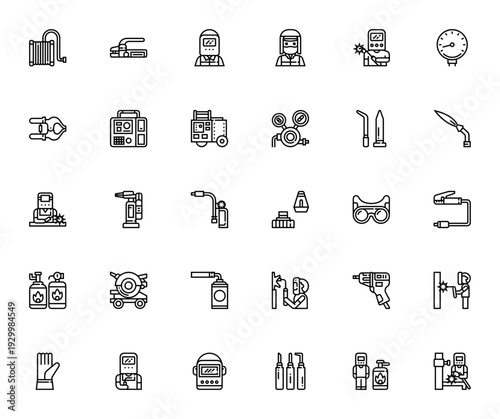 Welder icon set. Vector tool and safety equipment collection. Includes welder, pliers, gauge, valve, safety glasses, glove and more. Editable stroke.