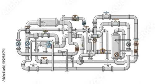 Intricate network of grey industrial pipes and valves with circular hand wheels and a cylindrical tank shown in a flat vector illustration on white.
