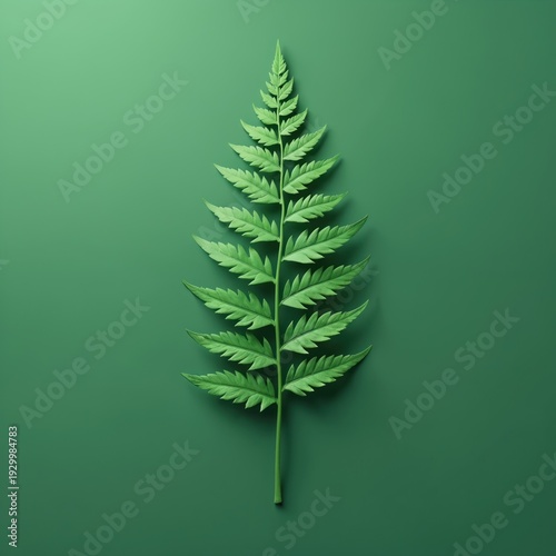 Single vibrant green fern leaf shown in studio with soft 3D effect. Simple monochromatic background for graphic design use. Great for nature or eco themes.