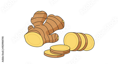 Large multi branched ginger root placed next to a small stack of circular yellow ginger slices in a flat vector illustration on a white background.