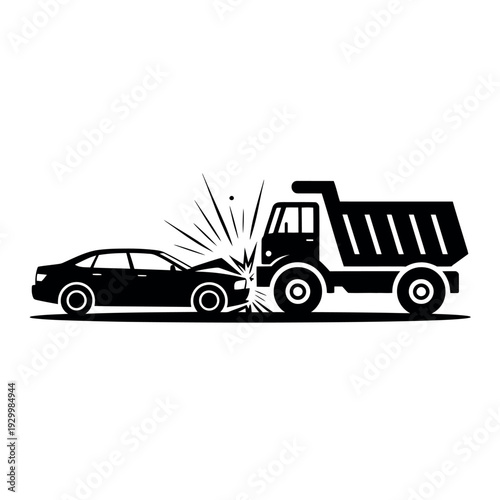 Silhouette icon depicts a serious traffic accident involving a sedan and a dump.
