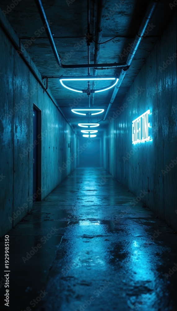 Fototapeta premium Long concrete corridor with blue neon lights and pipes. Wet floor reflects glowing illumination. Dark industrial hallway with minimal design.