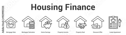 Housing Finance web banner icon set vector illustration concept for business with icon of Mortgage Rate, Mortgage Calculator, Home Savings, Property Income, Property Deal, Discount Off.