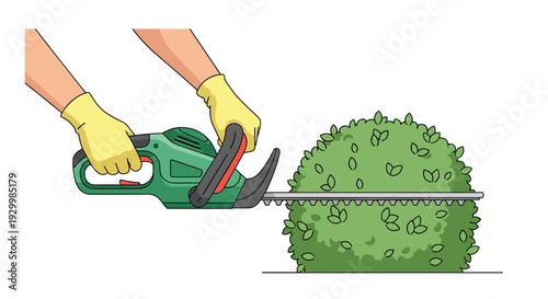 A person wearing yellow garden gloves uses a green electric hedge trimmer to shape a round green shrub on a white background.